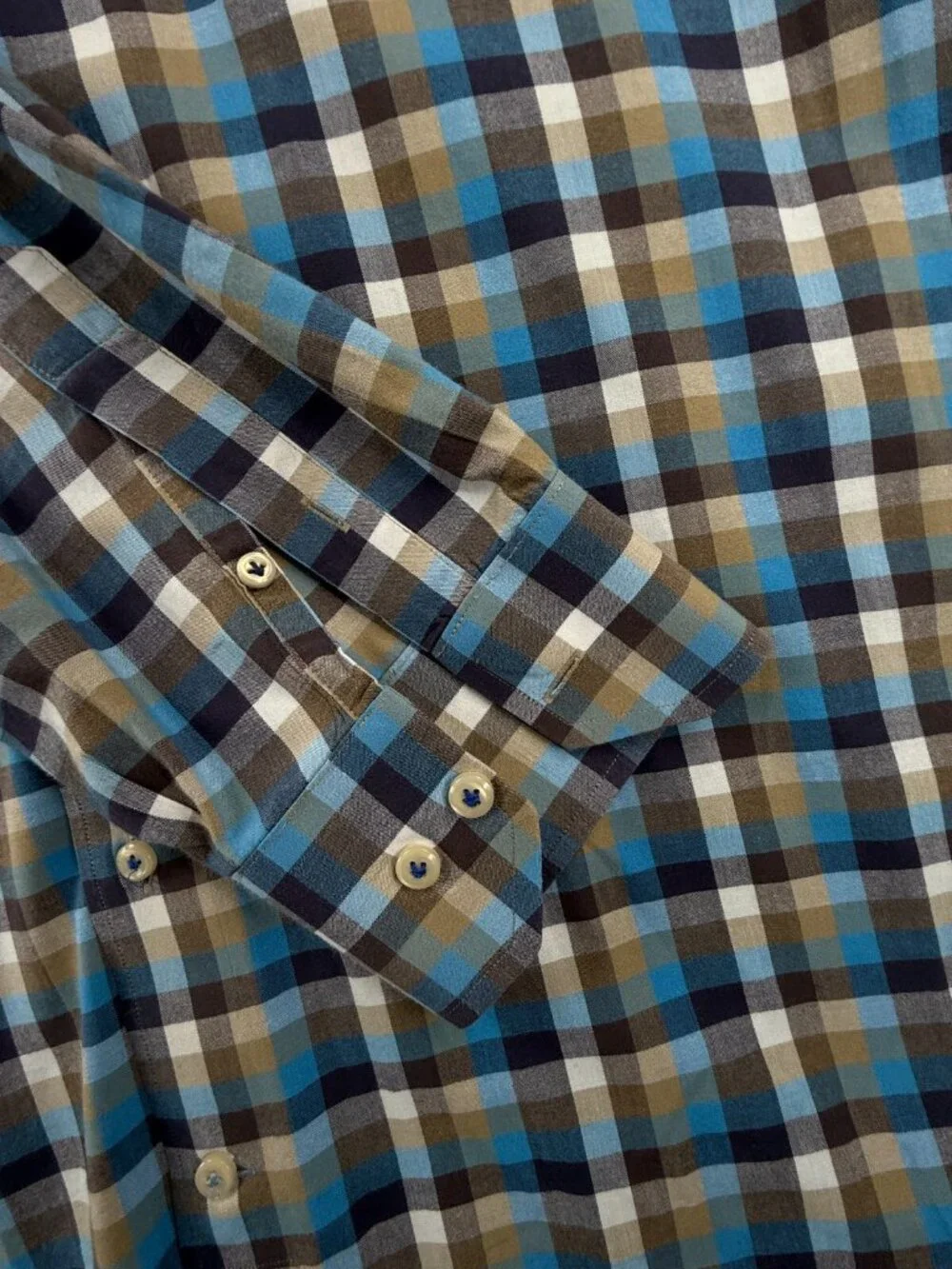 Peter Millar Blue Brown Check Button Up Shirt 2XL Cotton Long Sleeve Woven Adult